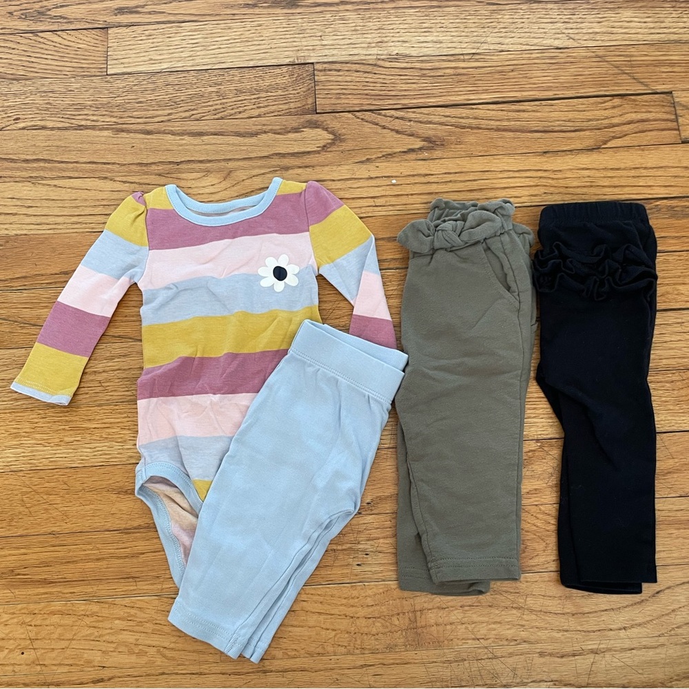 FOUR Piece Okie Dokie Outfits, 3 Pants and 1 Onsie. 6 Months.
